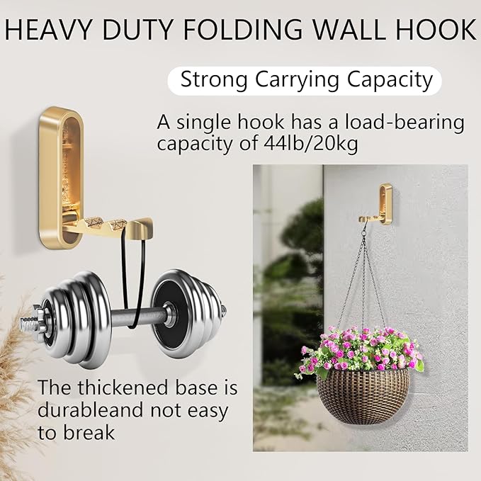 2PCS Foldable Gold Wall Hooks, Heavy Duty Zinc Alloy Folding Wall Hooks,Folding Coat Hooks, Flip Down Hook for Hanging Coats, Bags, Hats, Cooking Utensil, Bathrobes, Keys (Gold)