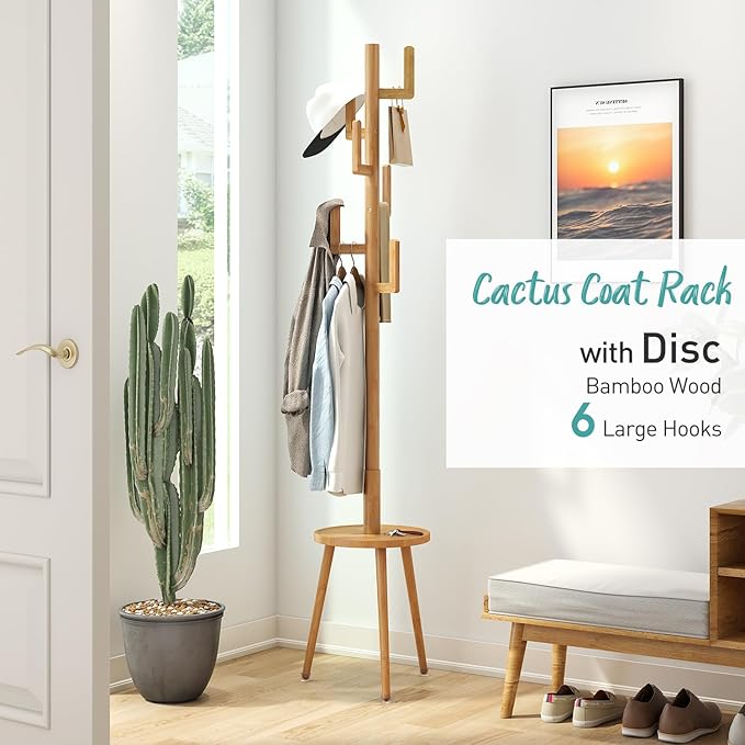 Coat Rack, Wooden Coat Rack Freestanding with Shelf, Bamboo Cactus Coat Tree, Coat Tree for Clothes/Bag/Hats, Hanger Stand for Entryway (Natural)