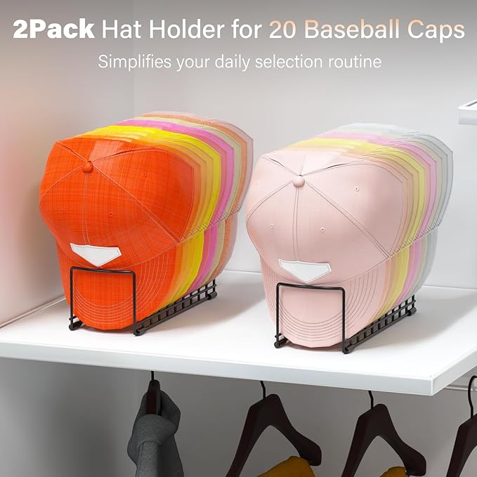 2 Pack Hat Organizer for Baseball Caps, Metal Hat Stand for 20 Baseball Caps, No Install Hat Holder with Silicon Anti-Slip Pad, Hat Rack Storage for Closet Dresser Desk Bedroom
