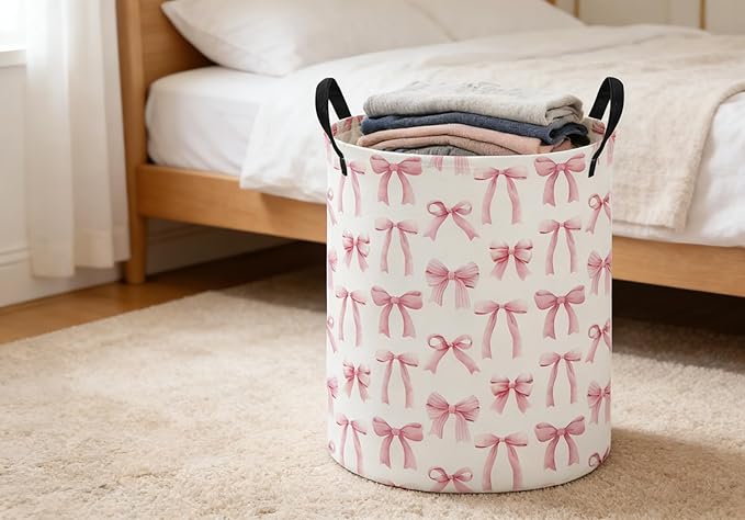 ESSME Kids Laundry Basket,Pink Hamper Collapsible Canvas Waterproof Storage Bin for Girls, Cute Hamper,Gift Baskets(Bowknot)