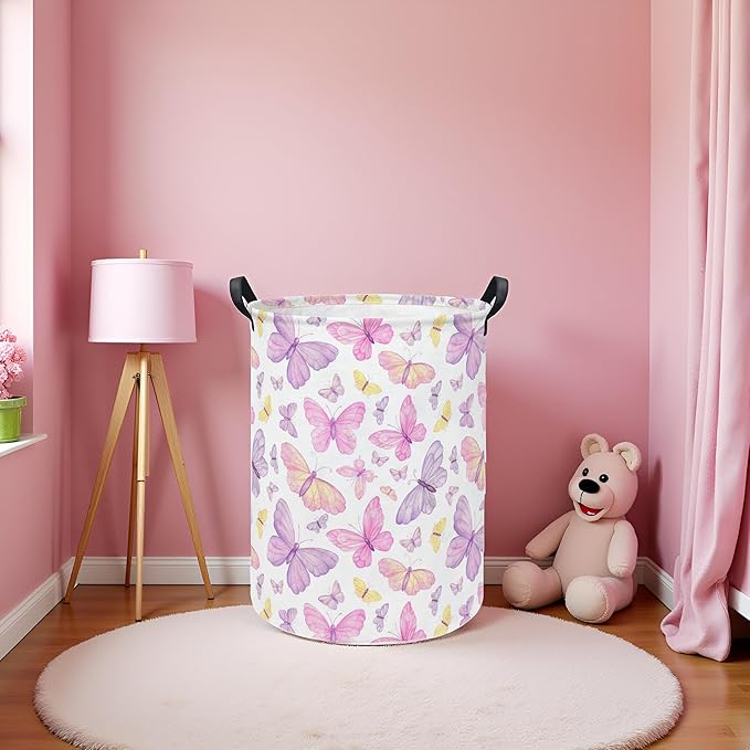 Baby Laundry Hamper kids laundry Basket Waterproof Storage Bin for Bedroom Toy Clothes Organizer Basket Woodland Animals Room Décor(Pink Butterfly)