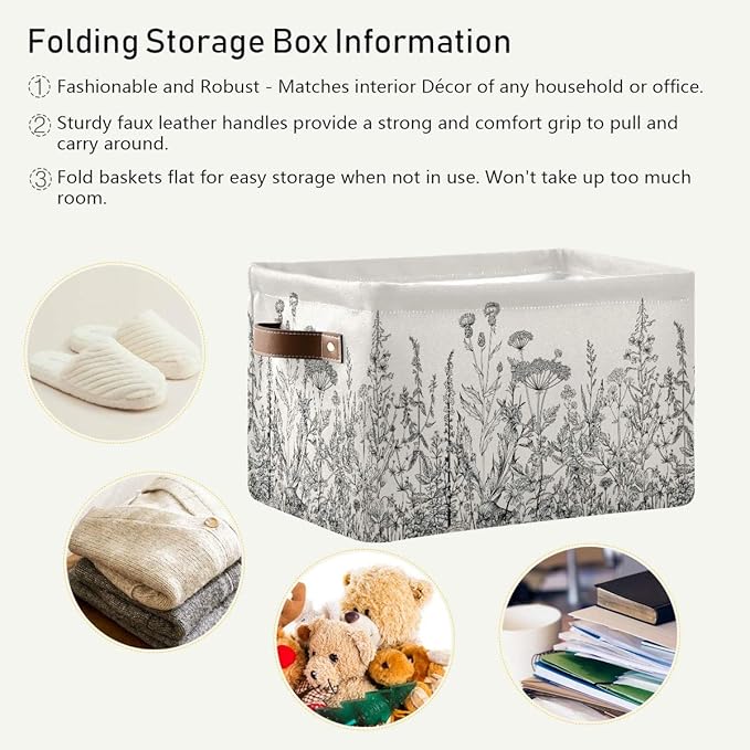 Black and White Flowers Storage Baskets,Decorative Collapsible Rectangular Canvas Fabric Storage Bin for Home