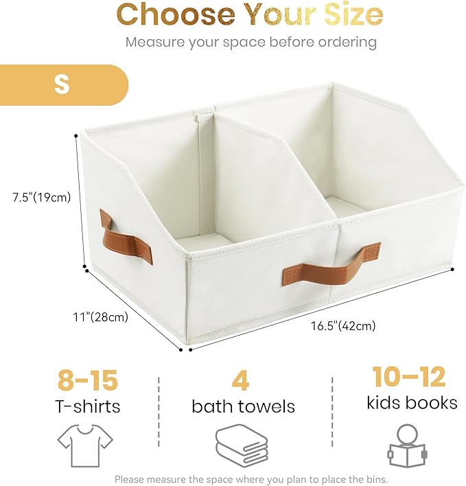 Trapezoid Storage Bin - UPGRADED Closet Organizers And Storage With Leather Handles & Adjustable Dividers, Fabric Collapsible Storage Bins For Clothes Storage & Shelf Organizer (6pcs, Small, Ivory)