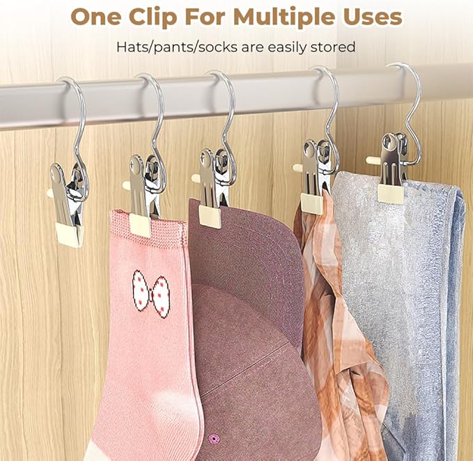 10/30/50 PCS Space-Saving Clothespin Hat Pants Storage Hanging Travel Hook, 360° Rotating Stainless Steel Metal Hanging Hook Clips, Hanger Clips Towel Clips Boot Hangers for Closet (White, 10 PCS)
