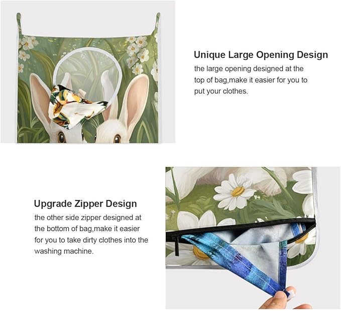 Green Easter Bunny Daisy Door Hanging Laundry Hamper Bag with Free Adjustable Stainless Steel Hooks Dirty Clothes Hamper Extra Large Over the Door Laundry Hamper 29.5X20inch 1 PCS