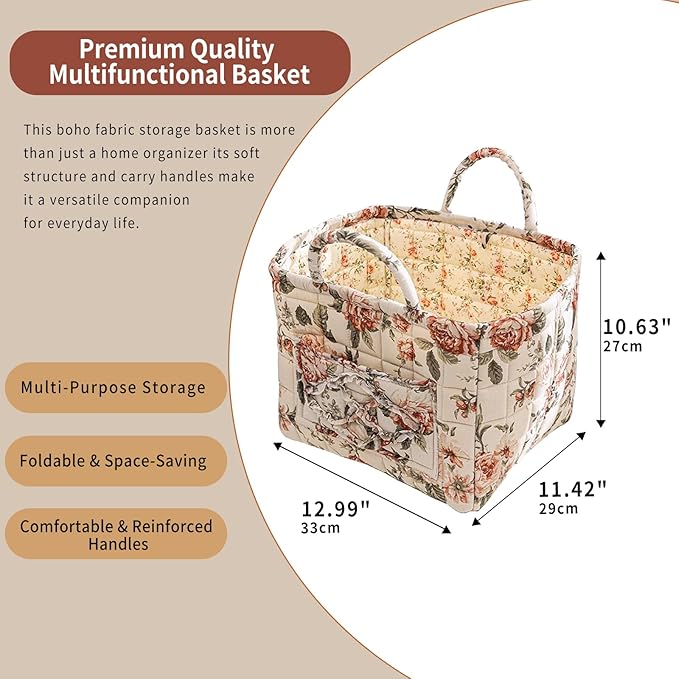 Mo&Cy Fabric Storage Basket with Handle – Collapsible Quilted Boho Floral Organizer for Laundry Room Organization,Clothes Basket,Toy Organizers and Storage,Diaper Caddy Basket(Rustic Rose)