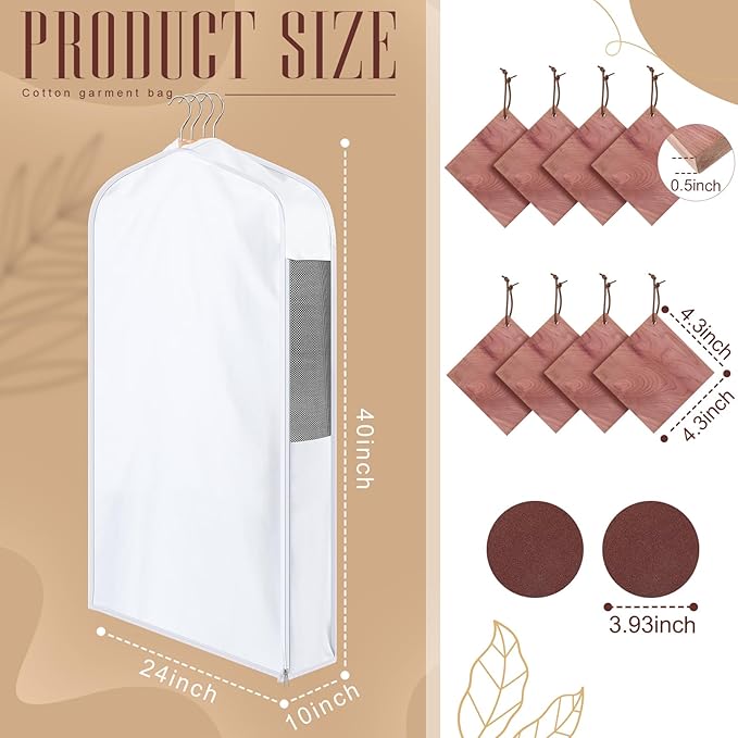 2 Sets 40'' x 24'' x 10'' Short Cotton Garment Bags for Hanging Clothes and Storage, 8 Cedar Blocks for Fresh Smell and Moth Protection, Breathable Covers for Closet Suits Fur Coats Sweaters