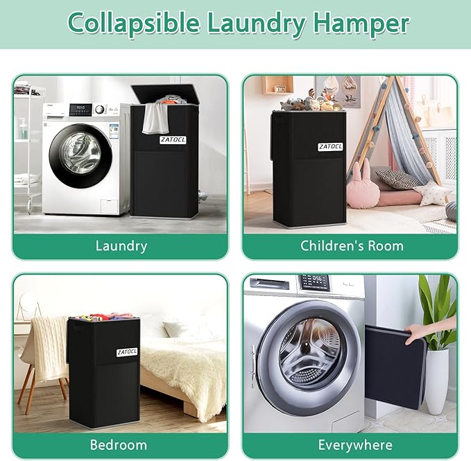 110L Laundry Hamper with Lid with Washing Bag & Front Mesh Bag, Large & Tall Laundry Basket, Collapsible Dirty Clothes Hampers for Bedroom Aesthetic, Bathroom, Dorm, Laundry Room - Easy Carry, Black