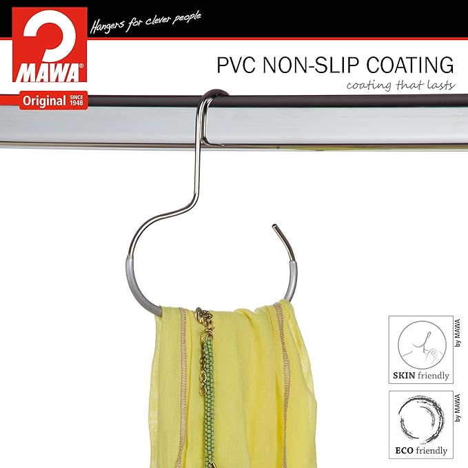 Mawa Scarf, Shawl, Belt, and Accessory Organizer, Non-Toxic Metal Hanger with Grip Coating, Easy Access Open Hook, Model G-1 Space Saving Design, Set of 2, Silver