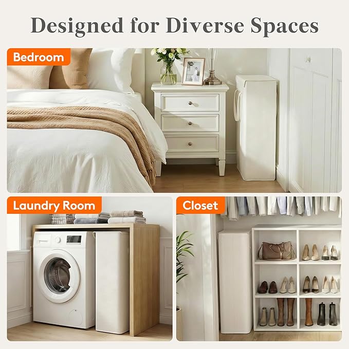Lifewit Thin Laundry Basket with Lid, Slim Laundry Hamper, Small Dirty Clothes Hamper with Handles for Laundry Room Bedroom Closet, 65L White, 16.1"L x 8.7"W x 28.3"H