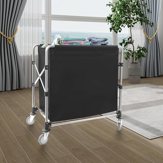 Commercial Laundry Cart with Wheels, 220lbs Capacity Heavy Duty Rolling Hamper, Foldable Laundry Cart with 4 Locking Wheels and Oxford Cloth for Home, Dorm, Hotel, and Commercial Use (Black)