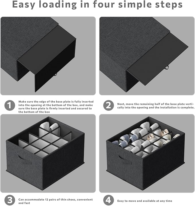 FHSQX 2 Pack Shoe Organizer for Closet,Foldable Shoe Organizer,Fits up to 24 Pairs,Storage Containers With Bottom Support for Shoes (Black, 16.5 * 12.6 * 9.5in)