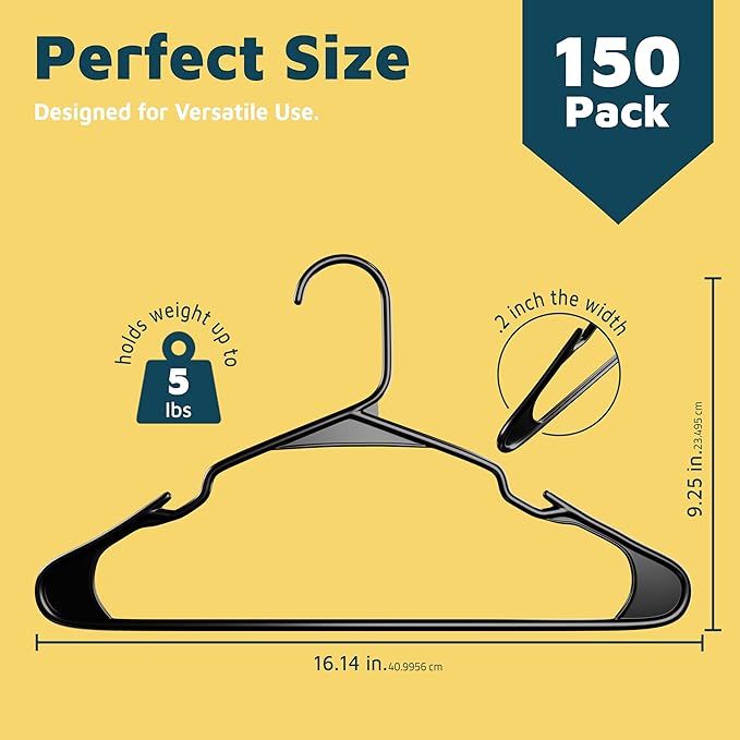 Plastic Clothes Hangers – Heavy Duty Hanger Set, for Organizing Clothes, Dresses, and Coats, Holds Up to 5 lbs, Space-Saving Hangers with Non-Slip Shoulder Grooves, Pack of 150, Black