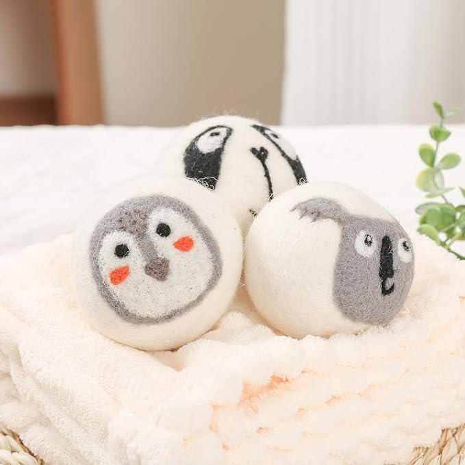 Wool Dryer Balls 3 Pack XL, Natural Fabric Softener New Zealand Wool，Handmade Organic Laundry Dryer Balls, Reusable 1000 Loads,Wrinkles Free, Shorten Drying Time（3 Pack,Animal Pattern）