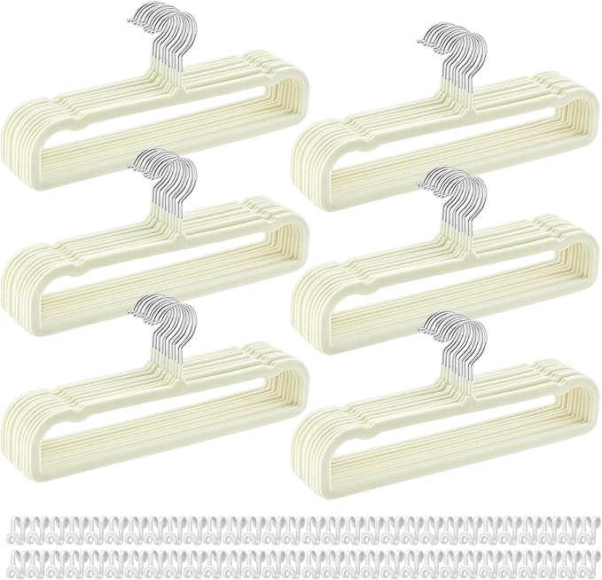 60sets/120pcs Velvet Pants Hangers Non Slip White Felt Hangers with 60 Cascading Hooks, Space Saving 360 Degree Swivel Hook Closet Organizer for Jeans, Trousers, Leggings, Tank Top, Shorts and Skirts
