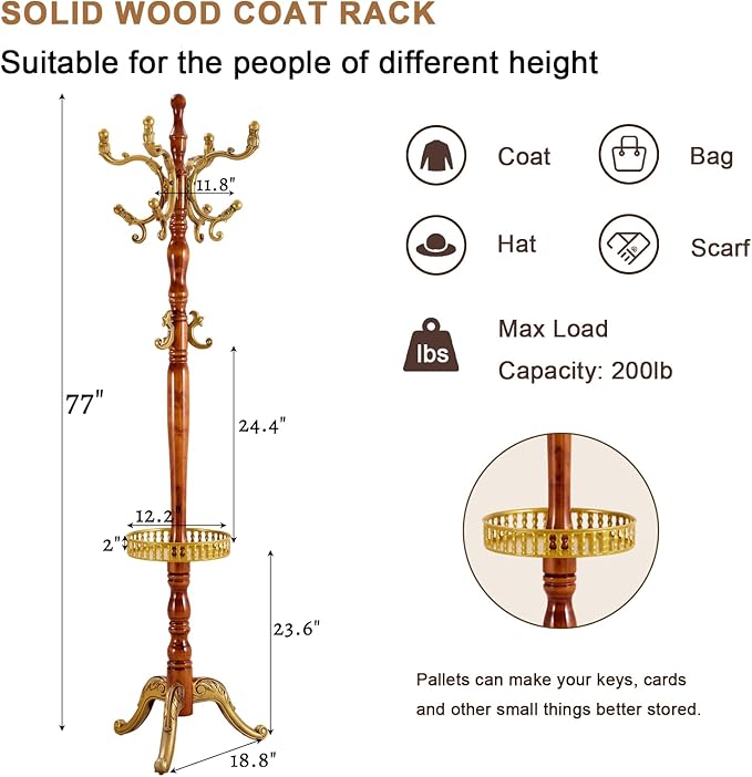 Solid Wood Coat Rack, Free Standing Hall Coat Tree with 14 Hooks, 3 Height Options, 300lbs Load, Stury Base, Clothes Rack for Entryway, Hallway, Bedroom (Tri-legged Base - H12 Begonia)