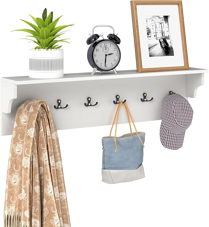 Giantex Coat Rack Wall Mount, 31.5" Wooden Coat Hooks with Shelf, Wall Clothes Rack w/ 6 Dual Hooks for Hats Towels Purses Robes, Floating Display Shelf for Living Room Bedroom Entryway, White