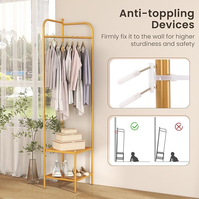 Tangkula Corner Coat Rack with Storage, Simple Hall Tree with Hanging Rod & 2 Mesh Shelves, Anti-toppling Devices, Freestanding Metal Clothes Rack Shoes Shelf Organizer for Entryway Bedroom (Golden)