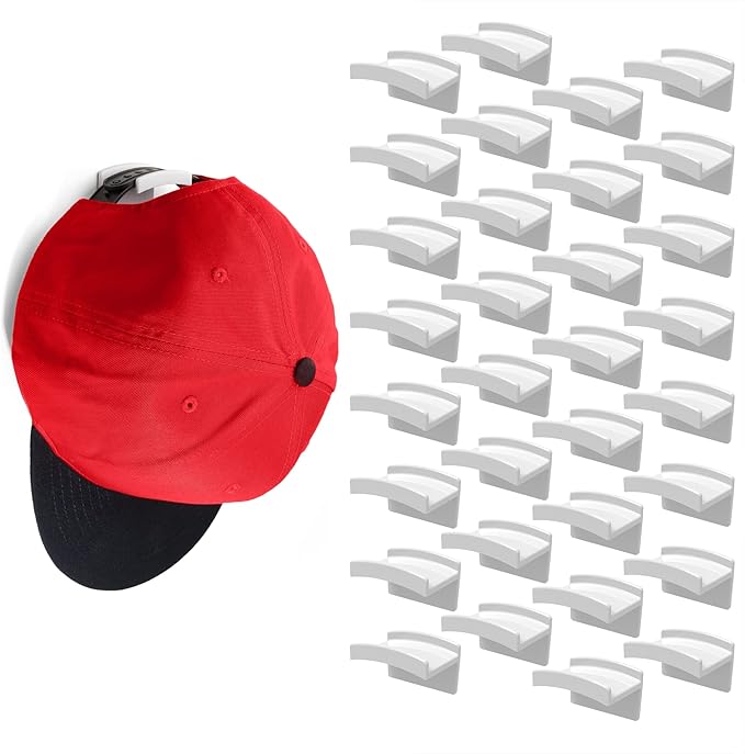 Modern JP Adhesive Hat Hooks for Wall (32-Pack) - Minimalist Hat Rack Design, No Drilling, Strong Hold Hat Hangers - USA Patented, White