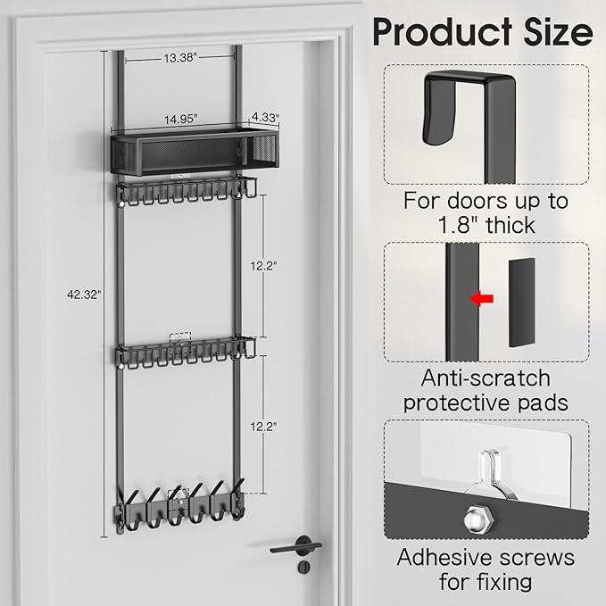 3 Tier Over Door Hat Rack with Basket - Hat Organizer Holder for Baseball Cap with 24 Hooks（2-Tier 9-Hook & 1-Tier 6-Hook）,Hat Hanger Storage Holds up to 24+ Caps for Door, Bedroom, Closet (Black)