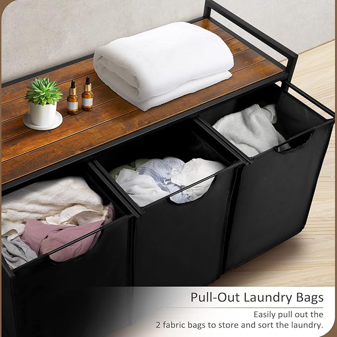 Pull Out Laundry Hamper 3 Compartment Laundry Sorter with Shelf 3 Section Laundry Basket with 3 x 16 Gallons Removable Bags for Laundry Room Bathroom and Dorm, Black