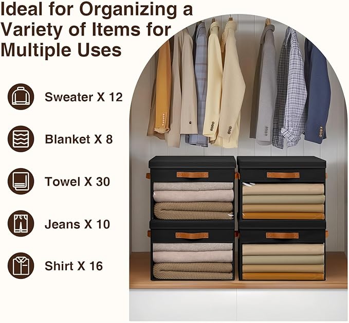 Large Storage Bins with Lids - 4 Pack Foldable Decorative Organizers with Clear Windows & Handles, Cube Storage Organizers for Clothes, Blankets, Sweaters, Sheets, Black
