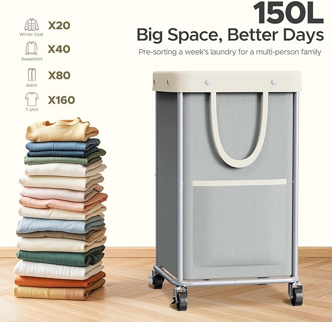 JYPS Laundry Basket With Wheels, 150L Large Rolling Hamper W/Metal Frame & Removable Bag, Waterproof Oxford Fabric, 2 Side Bags, Dirty Clothes Storage Cart For Laundry Room, Dorm, Bedroom, Bathroom