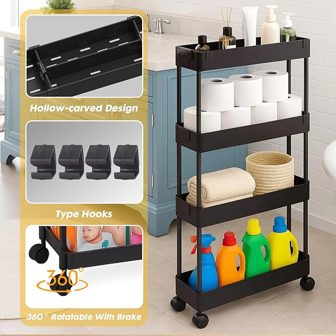 ShellKingdom 4 Tier Bathroom Storage Organizer, Slim Rolling Storage Cart for Narrow Space, Mobile Shelving Unit with Lockable Wheels and Hooks for Bathroom, Kitchen, Laundry Movable Shelf (Black)
