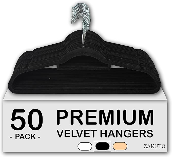 Premium Velvet Hangers 50 Pack, Non-Slip, Space-Saving, Heavy Duty for Coats, Pants, Dresses, 360 Swivel Hook, Heavy-Duty Clothes Hanger - Black