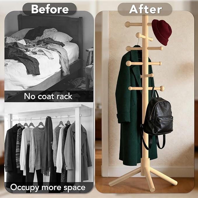Wooden Coat Rack Freestanding with 12 Hooks 3 Adjustable Heights，Standing Coat Rack Tree for Hat and Coat Rack for Small Spaces Entryway,Office,Bedroom,Natural