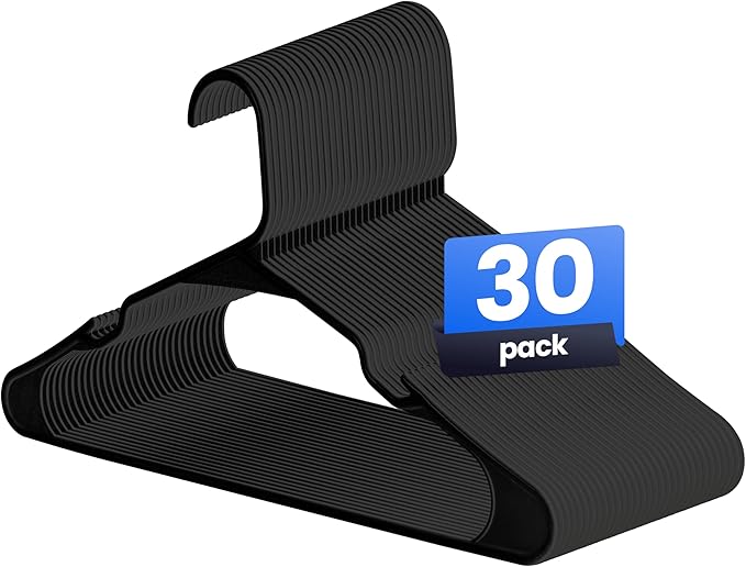 Simple Deluxe 30 Pack Plastic Hangers, Slim Space Saving Clothes Hangers for Closet Organization, Heavy Duty Coat Hanger for Pants, Suit, Shirts, Sweater, Black