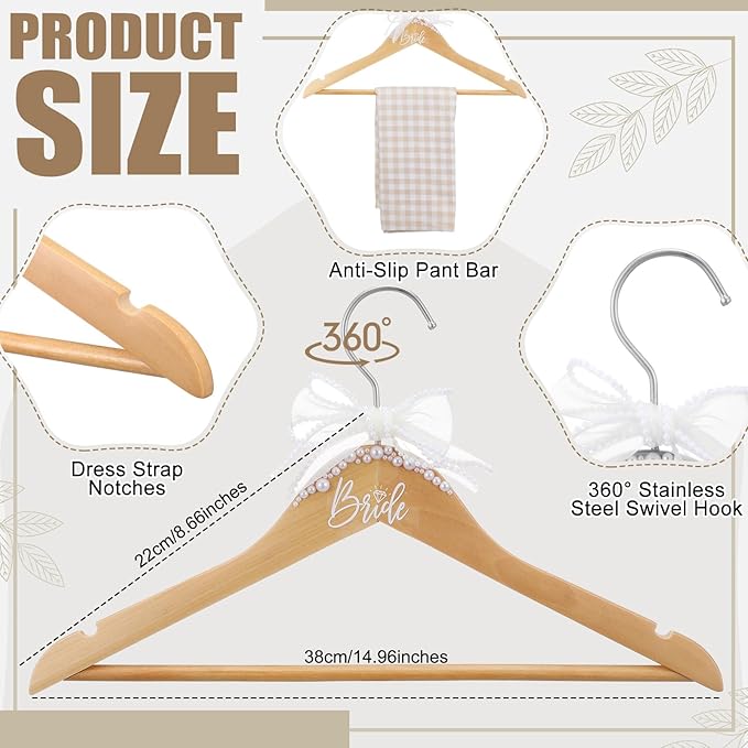 Bride Wedding Dress Pearl Mrs. Hanger with Pearl Ribbon Bow Elegant Wooden Dress Hanger to Be Ideal Keepsake for Wedding Day Gift(Brown,Bride)