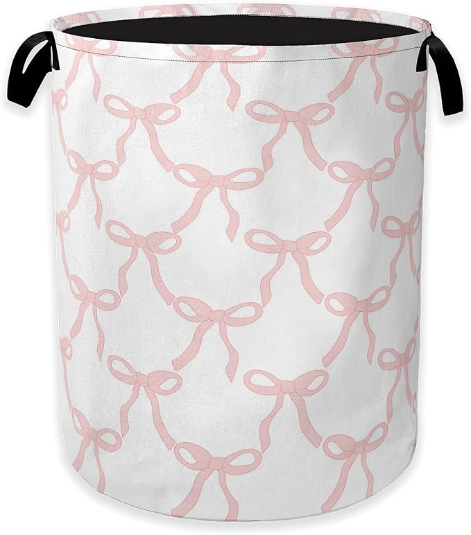 Pink Bow Laundry Basket,Princess Girls Clothes Hamper,Oxford Cloth Collapsible Nursery Hamper Storage Organization for Bedroom,Bathroom,Office,College Dorms,16x20 Inch