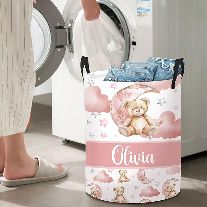 Personalized Name Baby Laundry Hamper for Nursery Boys Girl, Custom Bear Laundry Baskets for Toddler Kids Adults, Baby Name Laundry Hamper with Handles Personalized Gift