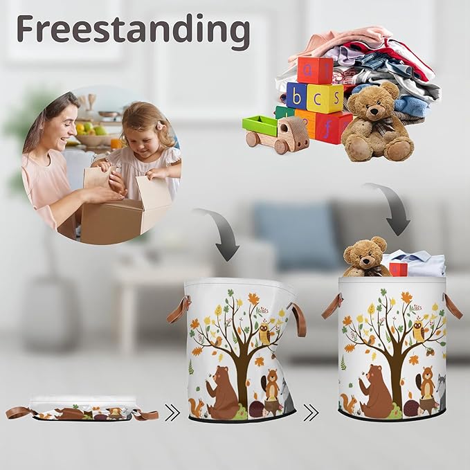 Kids Laundry Hamper Dirty Clothes Basket 18" Collapsible Polyester Sturdy & Lightweight Fall Animals Storage Bin with Handles for Bedroom Bathroom Living Room