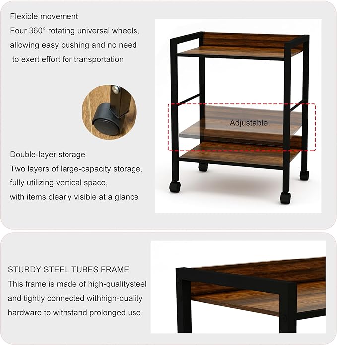 2-Tier Rolling Utility Cart Night Stand Organizer with Brown Wood Shelves and Black Metal Frame, End Side Table Storage Trolley on Wheels for Kitchen Office, Bathroom, Living Room