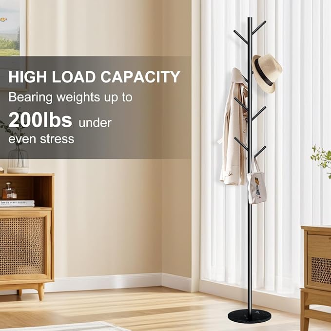 Coat Rack with Natural Marble Base, Metal Freestanding Coat Rack with 8 Hooks, Heavy Duty Coat Hanger Stand for Jacket,Coats,Hats,Scarves & Handbags for Bedroom, Hallway, Entrance,Office,Dorm (Black)