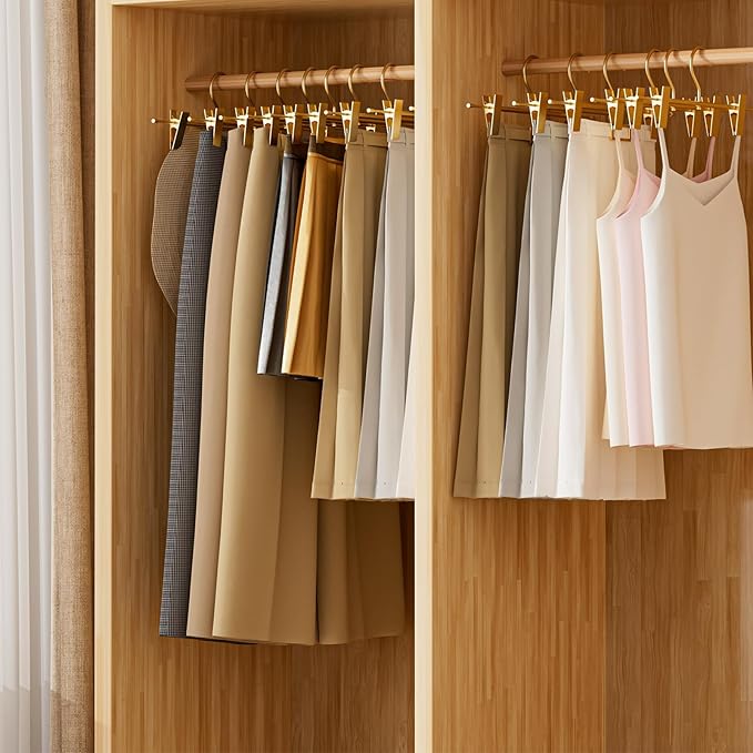 Matte Gold Aluminum Pants Hangers 10 Pack, Lightweight Skirt Hangers with 360°Swivel Hooks and Non-Slip Adjustable Clips for Trousers, Skirts, Jeans, Kids & Adults, Durable, Space-Saving