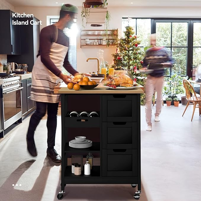 YITAHOME Kitchen Island with Storage, Kitchen Cart for Home, Rolling Serving Utility Trolley Cart on Wheel with 3 Drawers and 3 Storage Shelves, Kitchen Serving Cart for Dining Room, Bar, Black