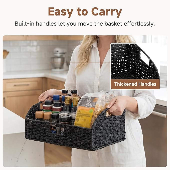 StorageWorks Wicker Baskets with Handles, Pantry Organizers and Storage, Paper Rope Pantry Baskets for Shelves, Black，2-Pack