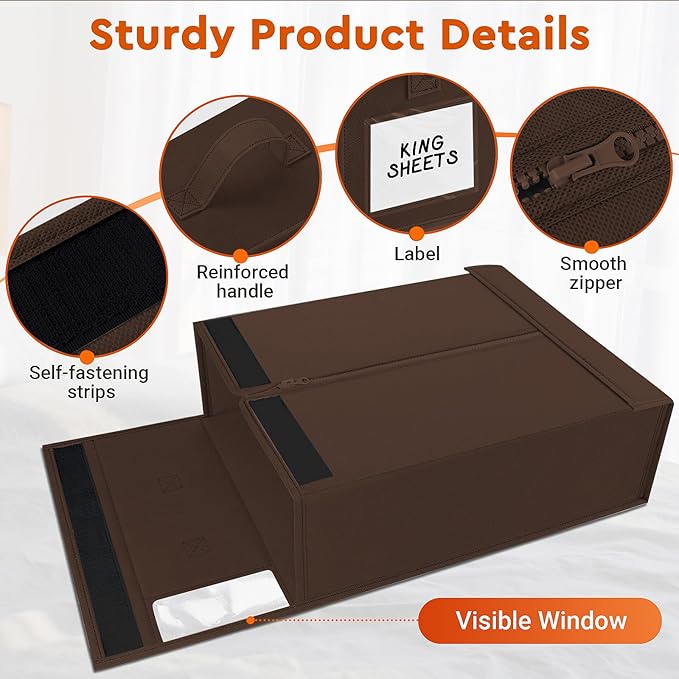 8 Pack Bed Sheet Closet Organizers and Storage,Sturdy Foldable Storage Containers with Window and Label,Storage and Organization for Bedding Sheets,Duvet Covers,Blankets (Brown)