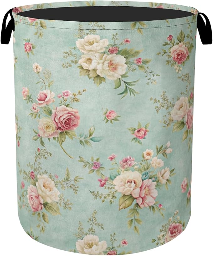 Vintage Rose Laundry Basket - Heavy Duty 60L Dirty Clothes Organizer, Water Resistant Foldable Hamper for Women