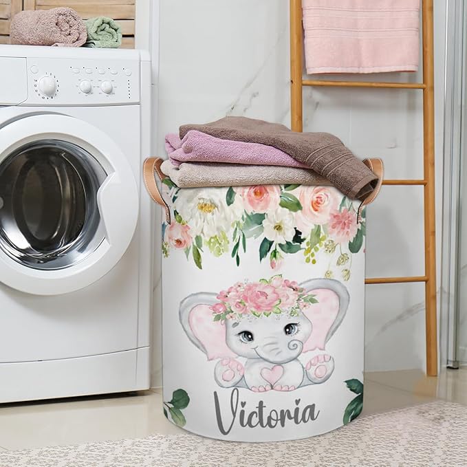 Personalized Laundry Basket, Custom Gift Laundry Hamper, Collapsible Nursery Waterproof Laundry Baskets, Dirty Clothes Toy Hamper with Handles Pink Floral Elephant