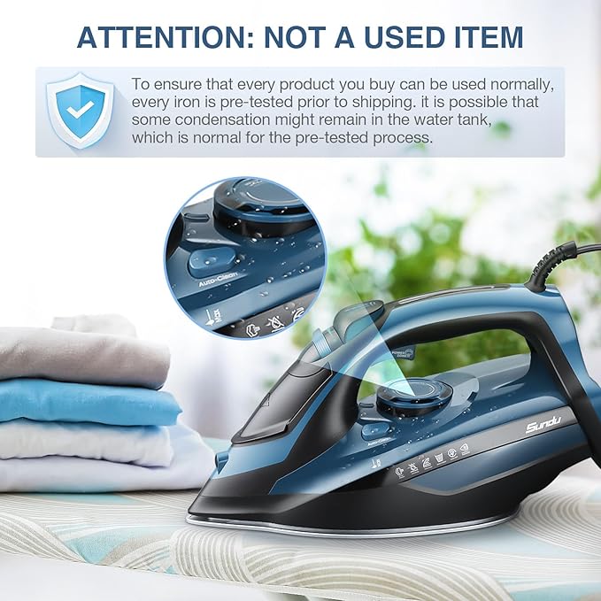 Steam Iron for Clothes 12s Fast Heat-up, 1500W Iron with 13.21oz Water Tank, 3-Way Auto shutoff, Burst Steam, Spray Mist, Anti-Drip, Self-Cleaning, Vertical Ironing for Home