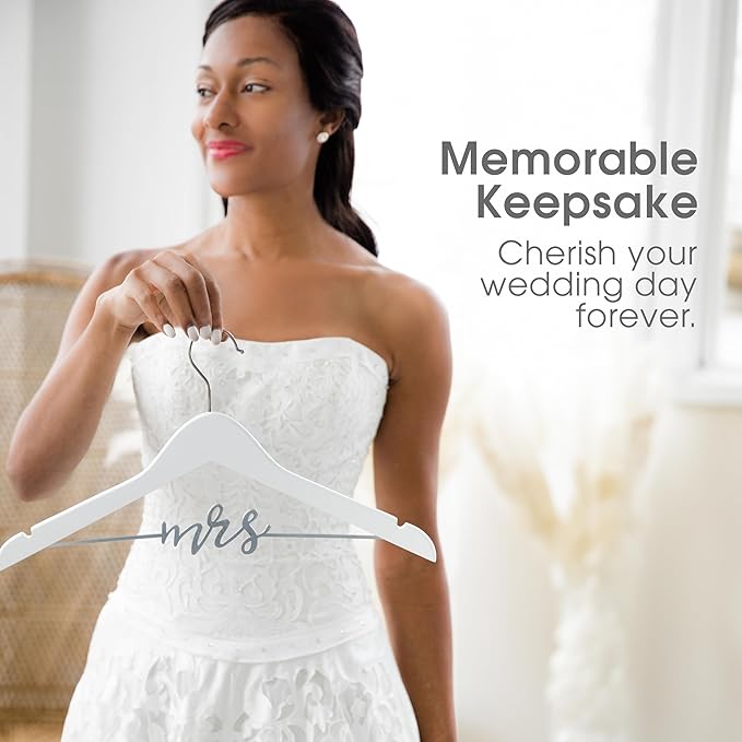 Pearhead Mrs. Wedding Dress Hanger, Wooden Bridal Gown Hanger with Cursive Wire Lettering, Wedding Photo Prop and Bridal Keepsake, White and Silver