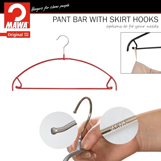 Mawa by Reston Lloyd Euro Ultra Light/Thin Series, Non-Slip Space Saving Clothes Hanger with Bar & Hook for Pants and Skirts, Style 42/PTU, Set of 130, Red
