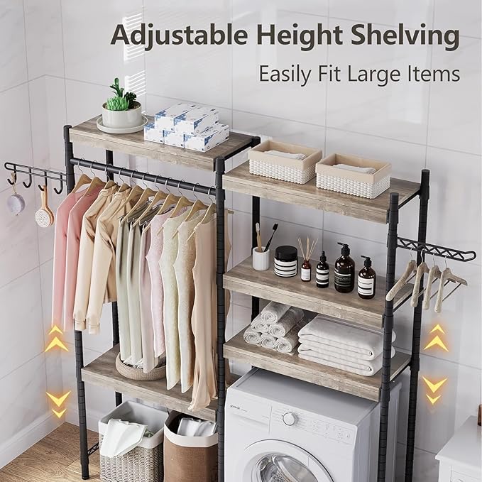 GarveeHome 5-Tier Over-The-Washer Storage Shelf - Adjustable Height Laundry Organizer with Double-Layer Wood Shelves, Space-Saving Design for Laundry Room (Gray, 30 in)