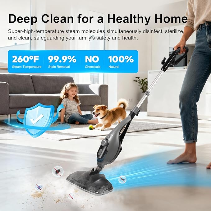 11-in-1 Steam Mop, 1550W Powerful Handheld Steam Cleaner, 260°F Multi-Functional Floor Steamer with 21.3FT Cord for Floors, Hardwood, Tiles, Grout, Windows, Kitchen, Bath, Adjustable (Grey)