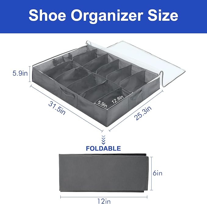 Surblue Under Bed Shoe Organizer Storage Bag with Transparent Skylight and Zippered,36 Pairs,Grey,3 PCS