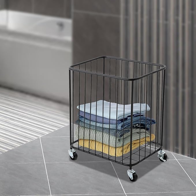 Rolling Laundry Hamper, Large-size Metal Laundry Basket Cart w/Wheels, Wheeled Clothing Hamper for Home, Hotel, Mall, Bathroom, Bedroom and Commercial Laundries (Black)